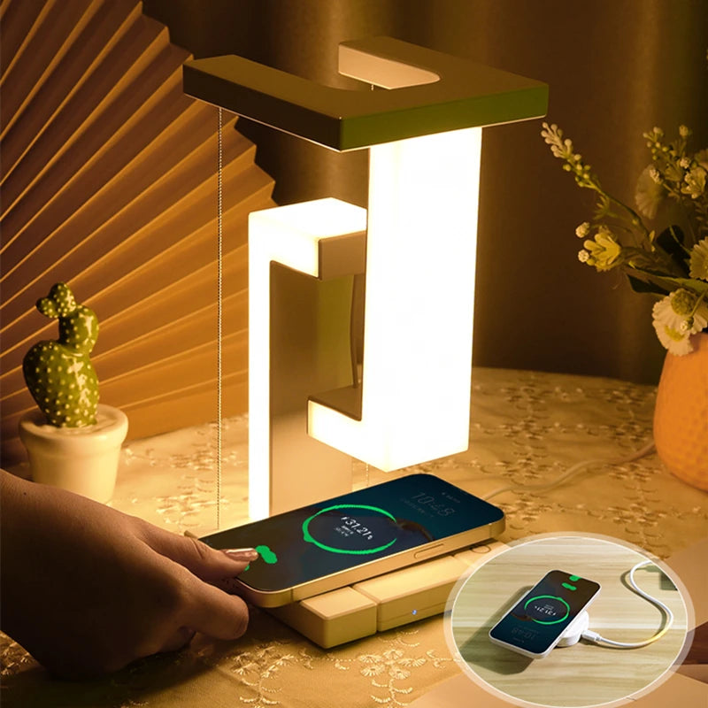 LED Suspending Anti-Gravity Night Light with 10W Wireless Charger Desk Lamp Dimmable Table Light for Bedroom Bedside Decor Light
